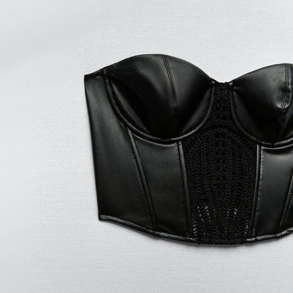 NWOT Zara black faux leather crochet-like detail corset crop top, XS - Picture 5 of 9
